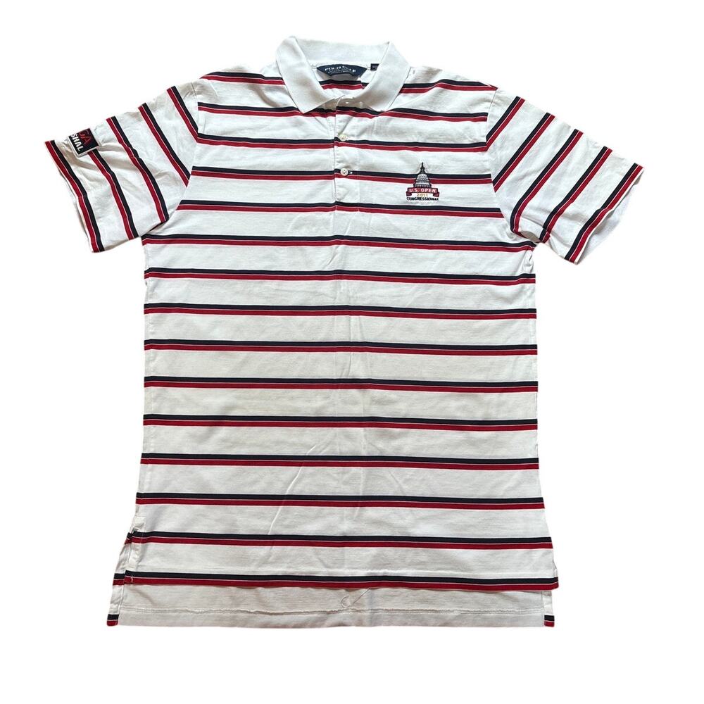 Polo Golf white blue red striped US Open 11' short sleeve polo‎ shirt SIZE L
